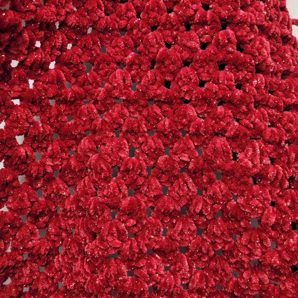 Handmade Red Velvety Smooth Sparkle Crochet Scarf Shawl with Fringe Open Weave - Picture 4 of 9